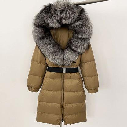 Brown puffer coat with fur hood on a white background