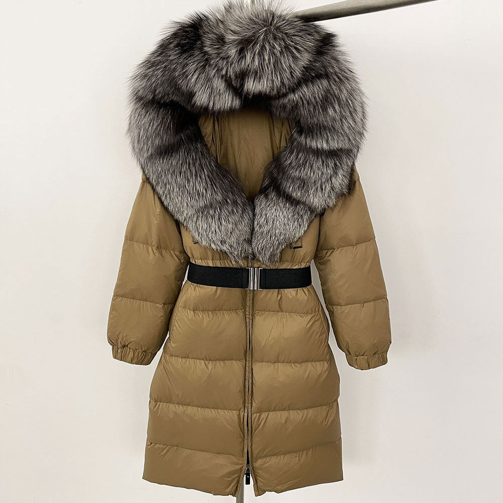 Brown puffer coat with fur hood on a white background