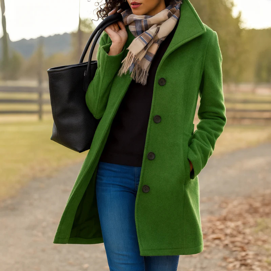 Person wearing a green coat with a black bag and plaid scarf outdoors.