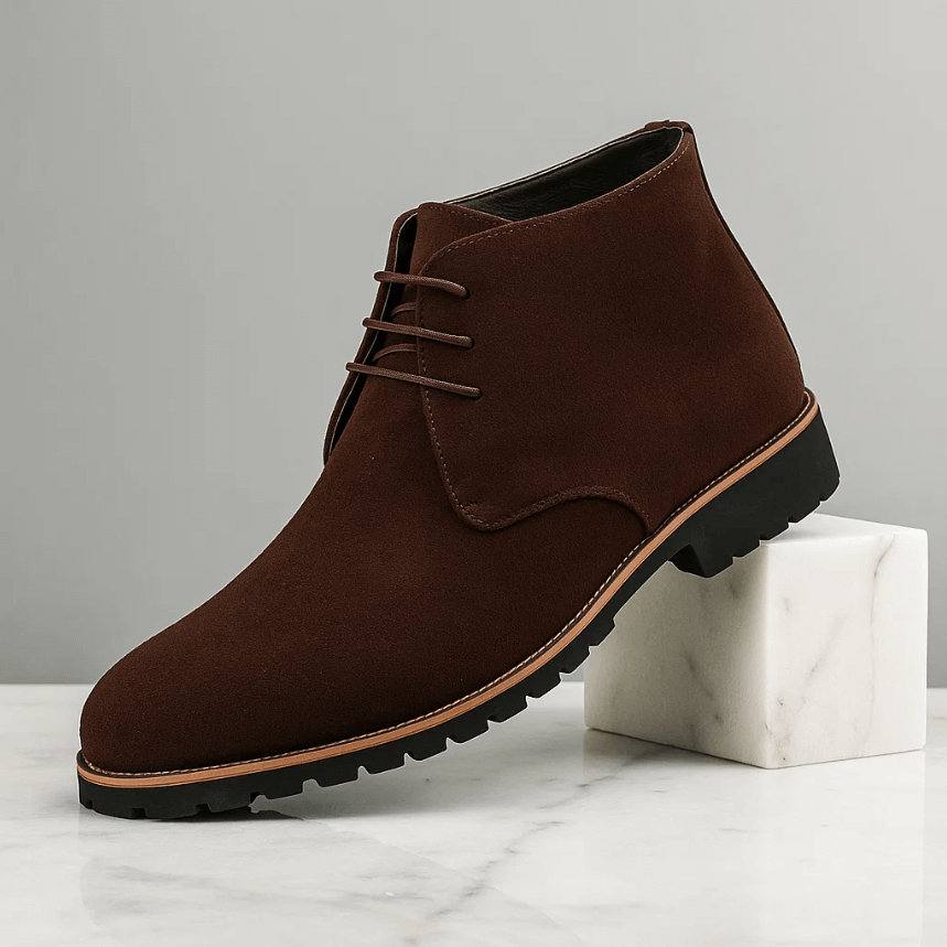Brown suede chukka boot on a gray background