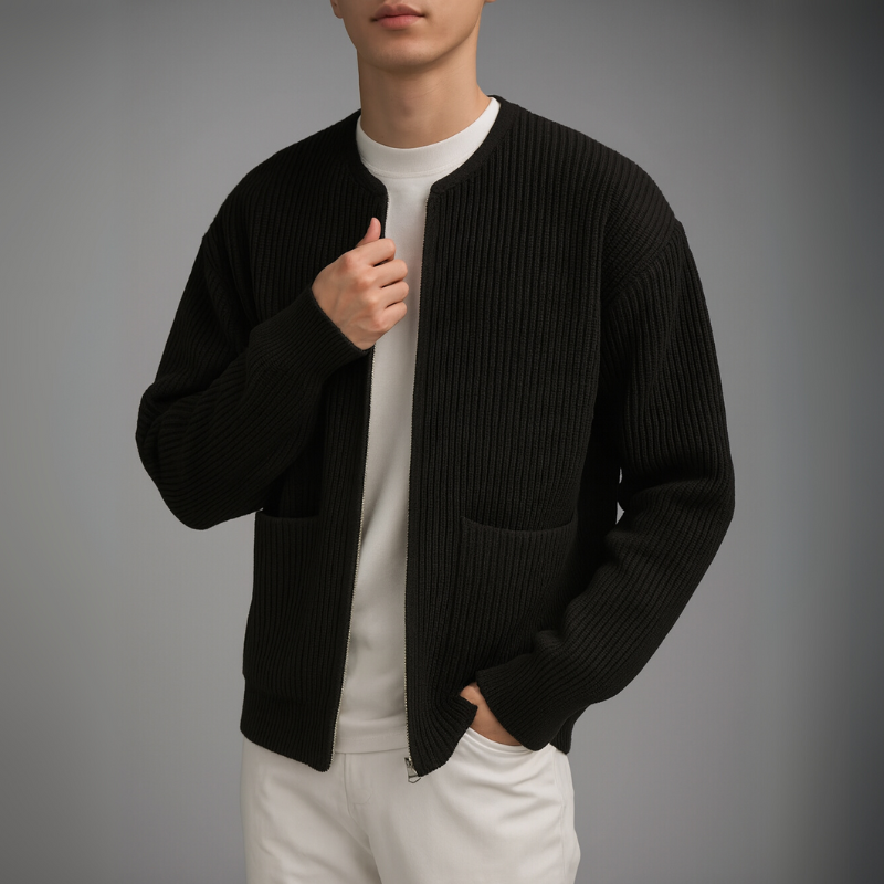 Person wearing a black ribbed sweater over a white shirt and pants on a gray background