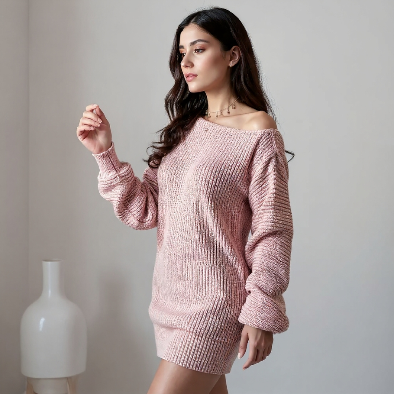 Woman wearing a pink knitted dress against a plain background