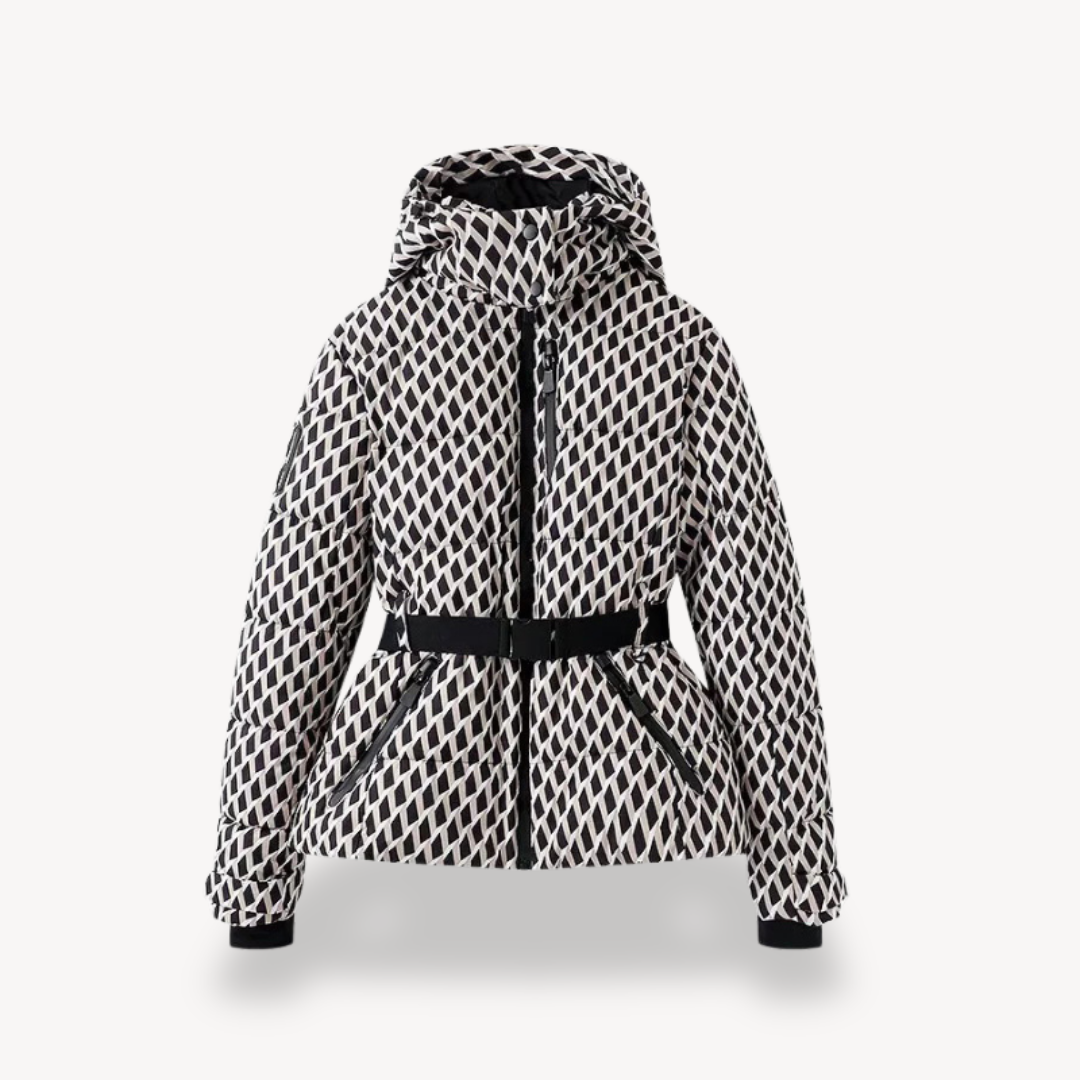 Black and white patterned jacket on a light gray background