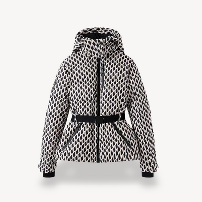 Black and white patterned jacket on a light gray background