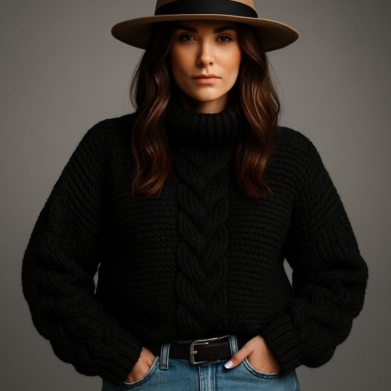 Woman wearing a black knit sweater, brown hat, and blue jeans against a gray background