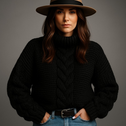 Woman wearing a black knit sweater, brown hat, and blue jeans against a gray background