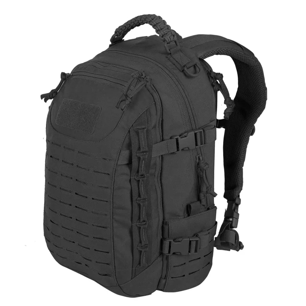 Black tactical backpack on a white background
