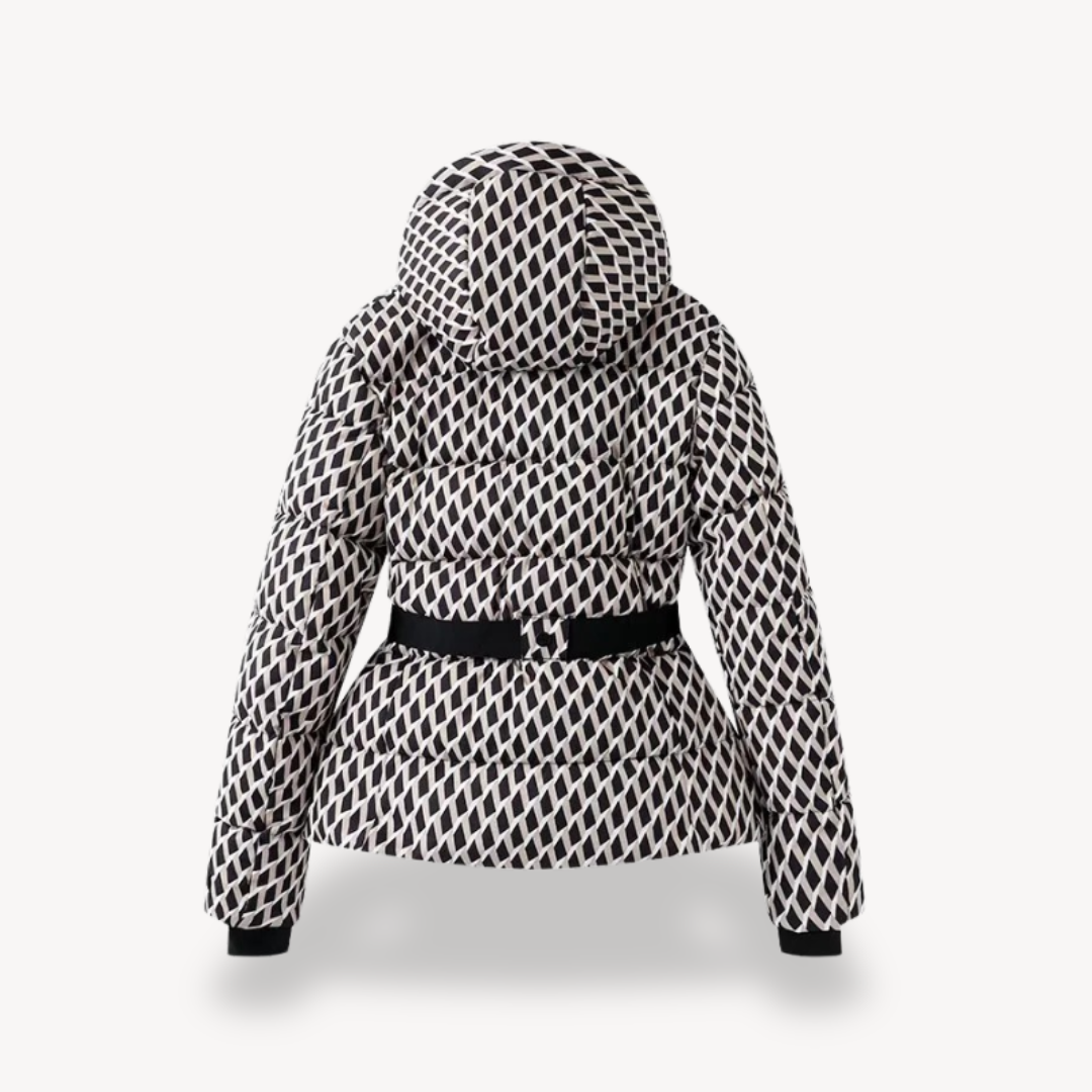 Black and white patterned jacket with a hood on a white background