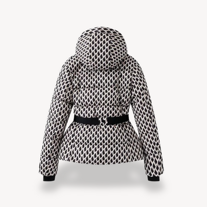 Black and white patterned jacket with a hood on a white background
