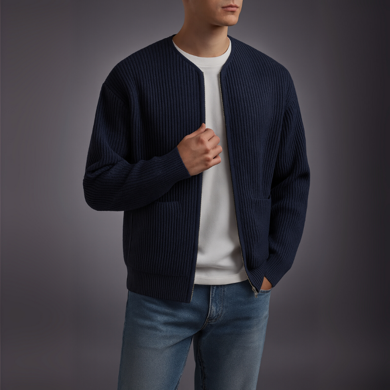 Man wearing a navy blue cardigan over a white shirt and blue jeans on a dark background