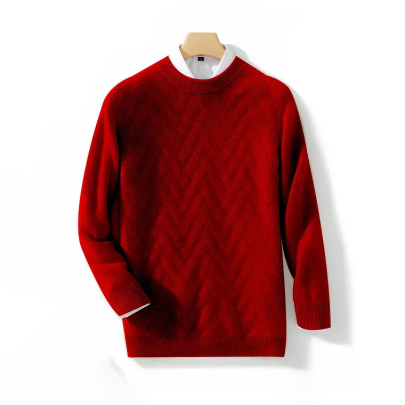 Red sweater with a white collar on a wooden hanger against a white background
