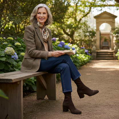 Woman sitting on a bench in a garden reading a book