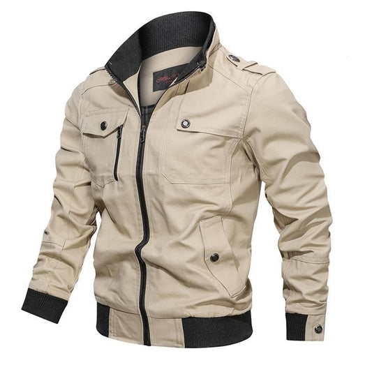 Beige jacket with black accents on a white background