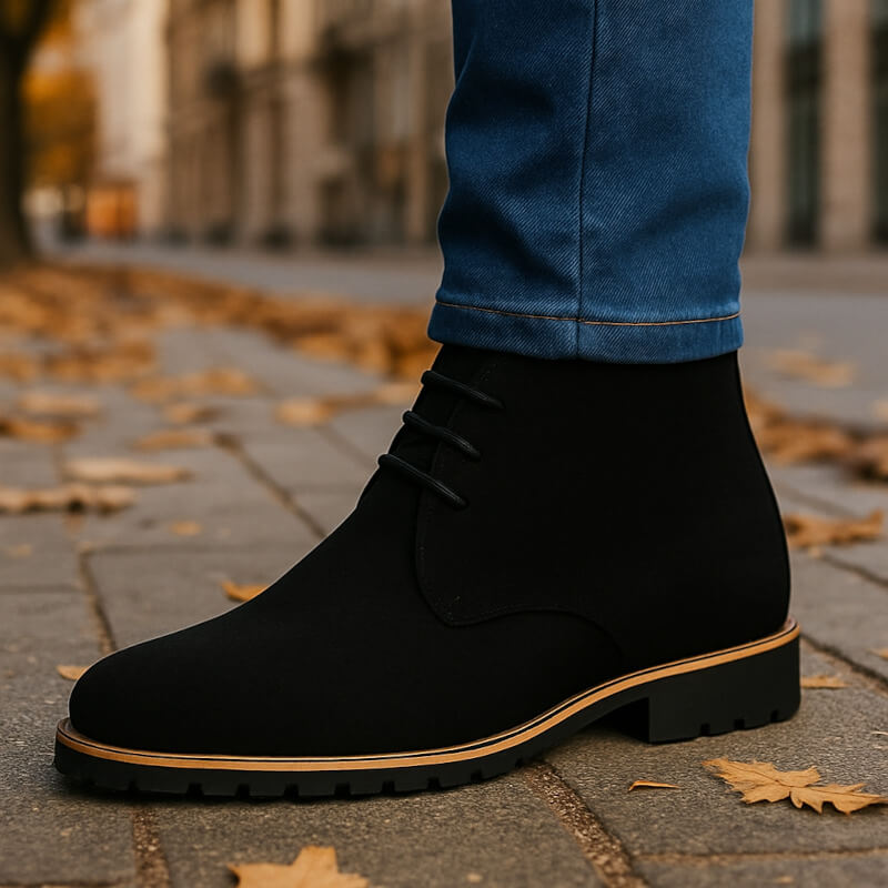 Black suede boot on a sidewalk with autumn leaves and blurred background
