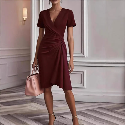 Damska Letnia Sukienka Midi z Dekoltem V i Drapowaniem Krótki Rękaw