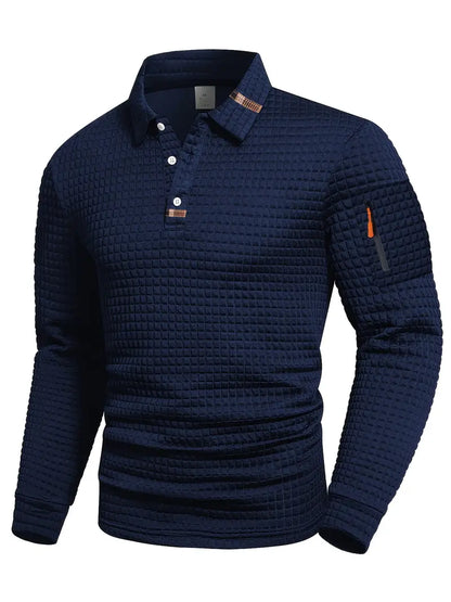 Navy blue textured long-sleeve polo shirt on a white background