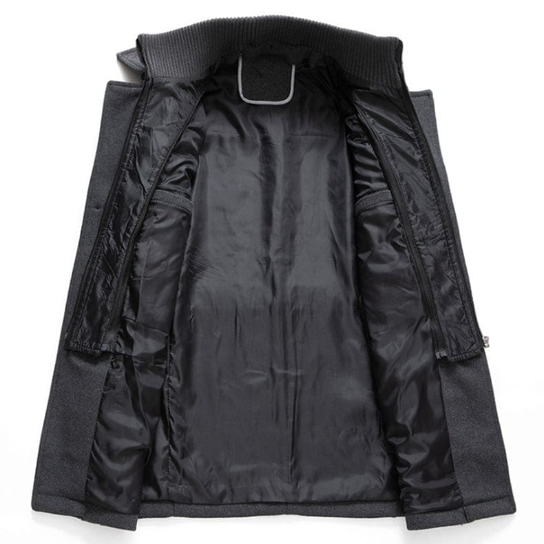 Black jacket with a focus on the interior lining on a white background