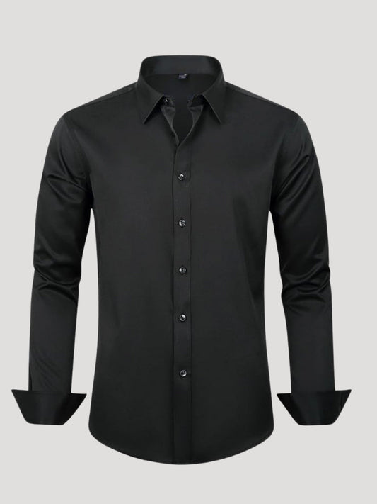 Black dress shirt on a light gray background