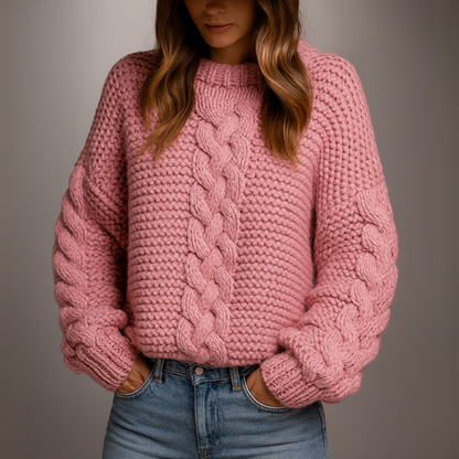 Person wearing a pink chunky knit sweater against a gray background
