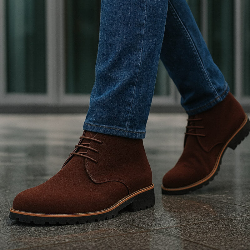 Brown suede shoes worn with blue jeans on a tiled floor.