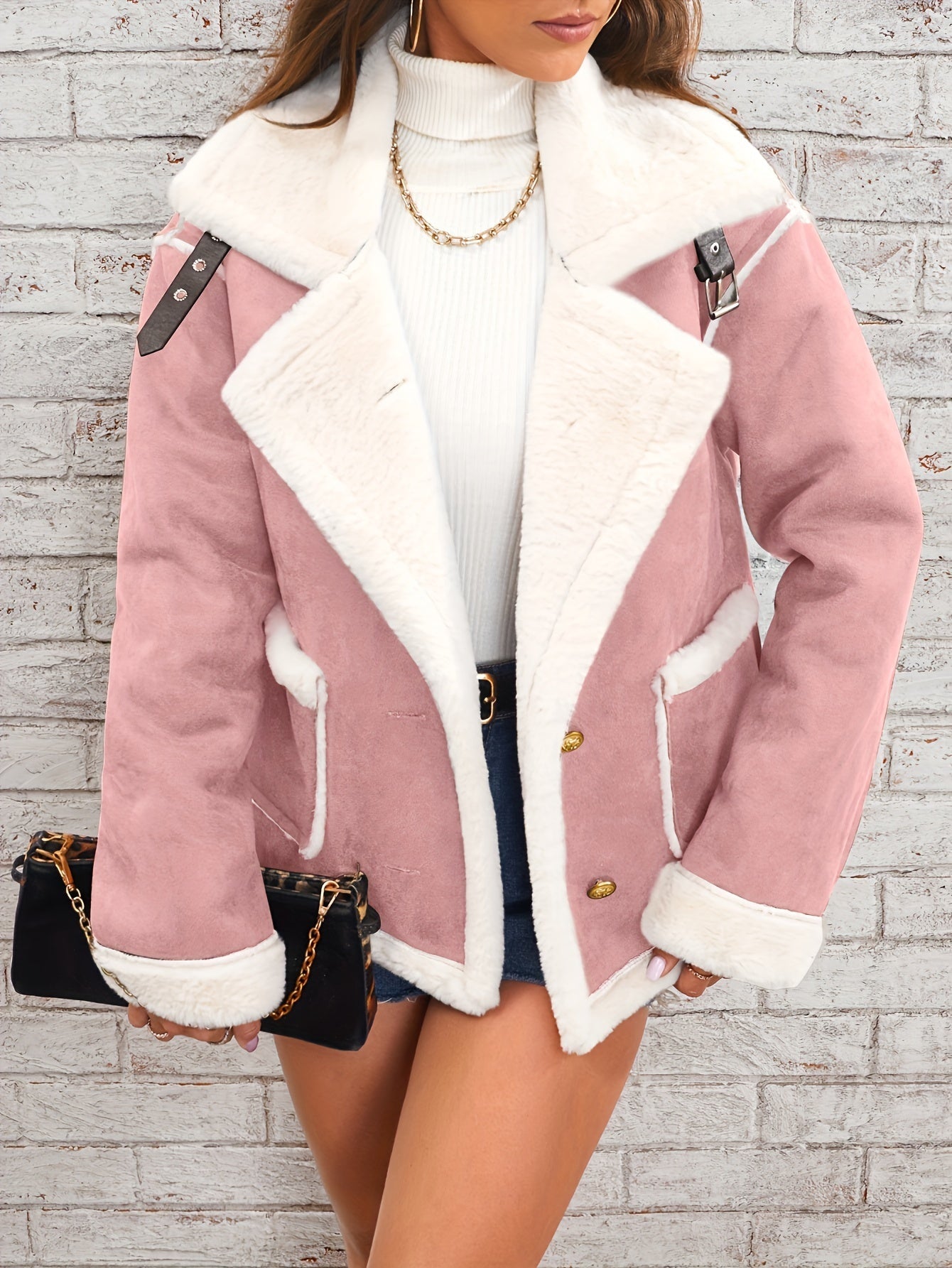 Pink coat with white fur lining worn by a person against a light gray brick wall.