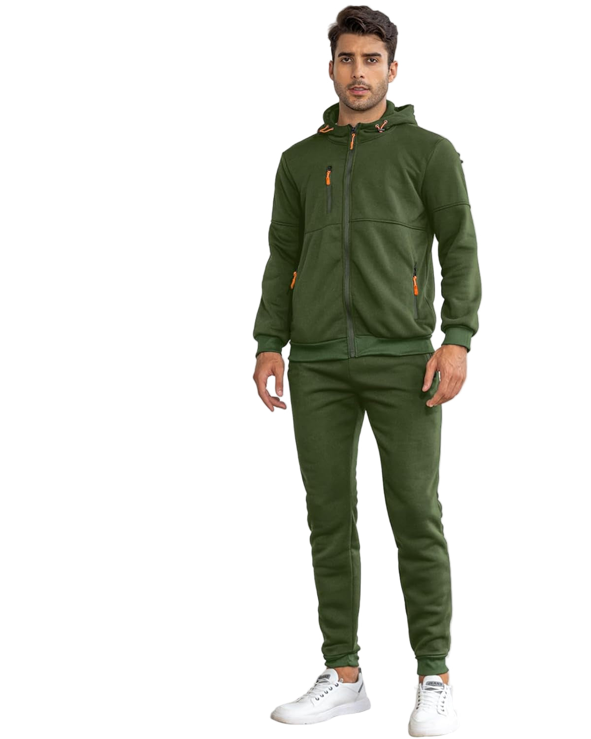 Man wearing a green tracksuit on a white background
