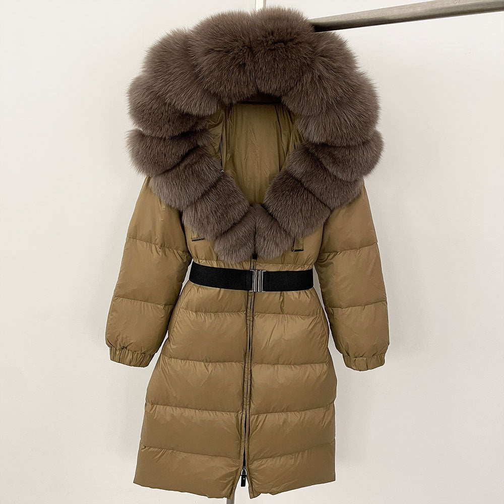 Brown puffer coat with fur hood on a white background