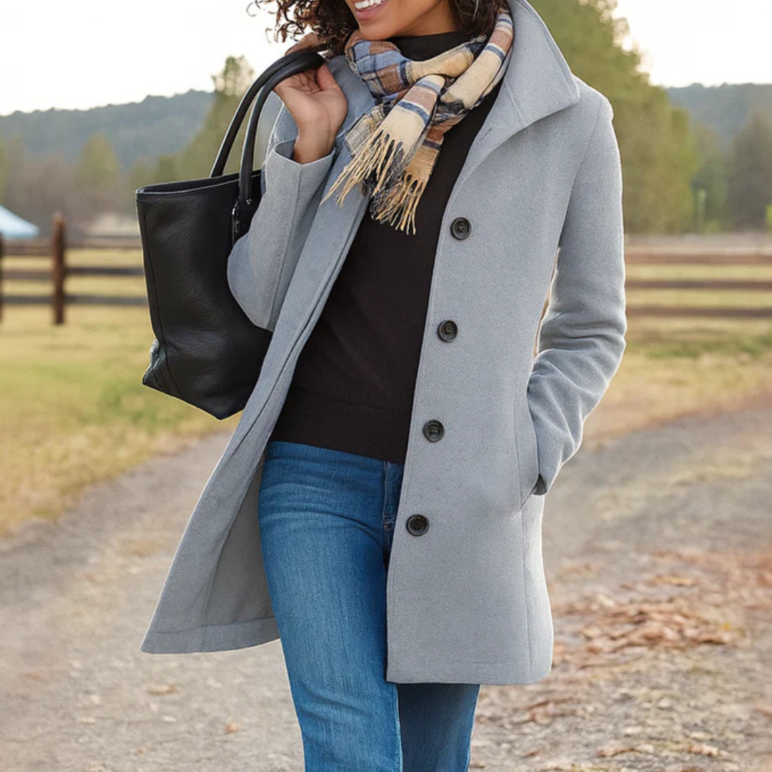 Woman wearing a gray coat with a scarf, black top, and blue jeans, standing outdoors.