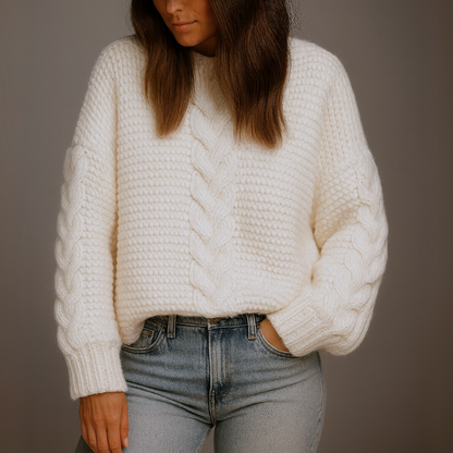 Person wearing a white chunky knit sweater and light blue jeans against a plain background