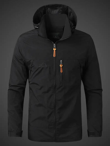 Black jacket with orange zippers on a dark gray background