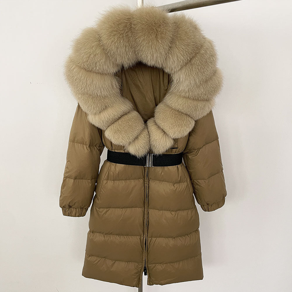 Brown puffer coat with fur hood on a white background