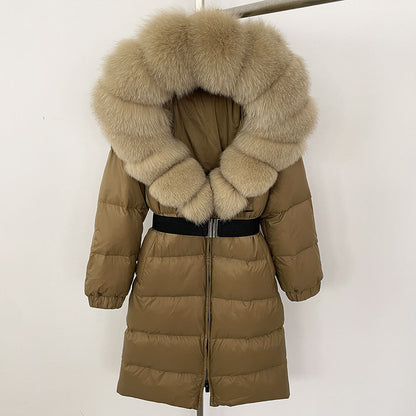 Brown puffer coat with fur hood on a white background