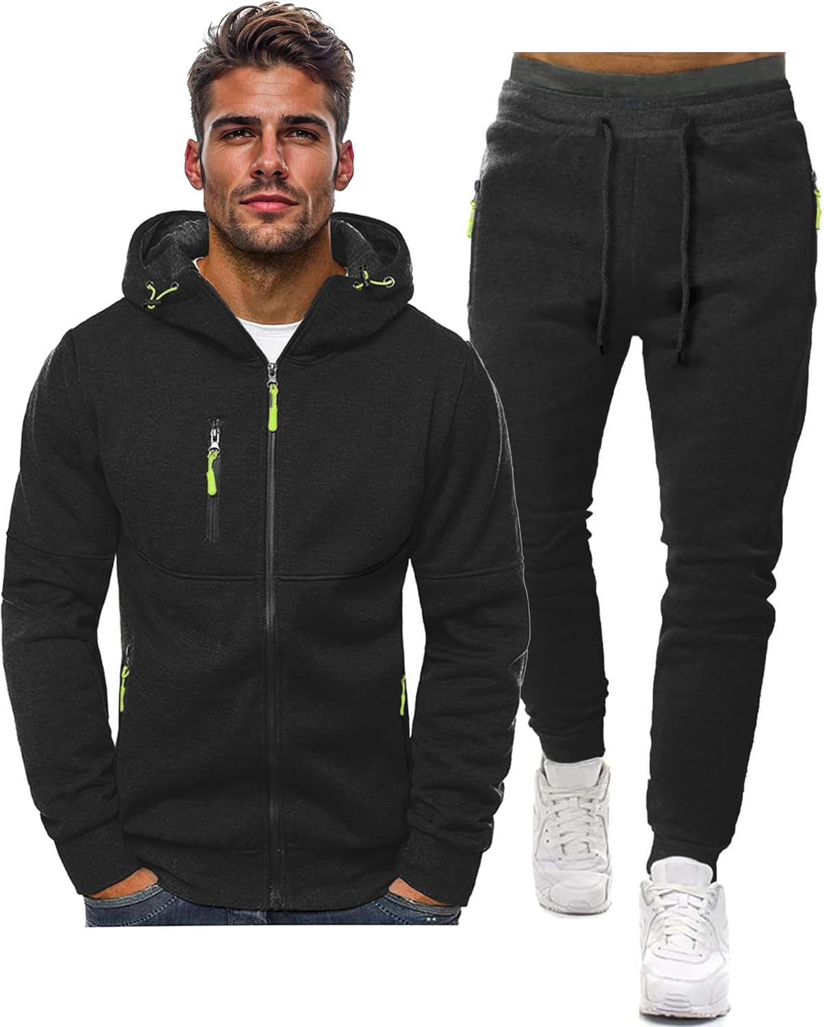 Black hoodie with green zippers and black pants on a white background