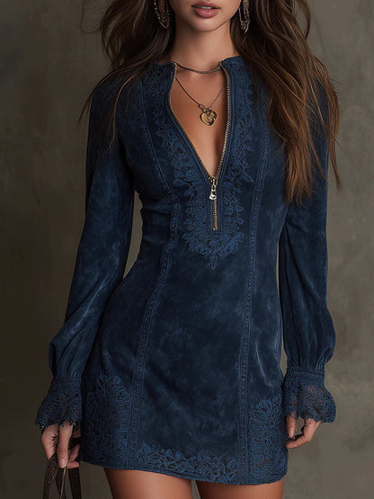 Navy lace dress worn by a model against a neutral background