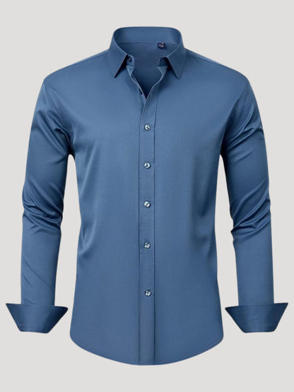 Blue dress shirt on a light gray background