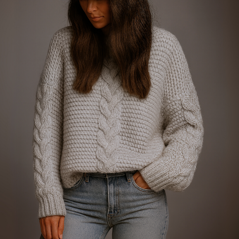 Person wearing a chunky knit sweater and jeans against a plain background