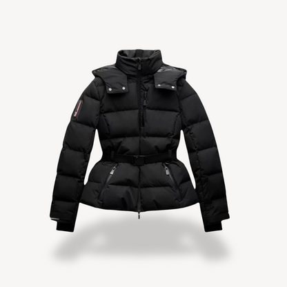 Black puffer jacket on a light gray background