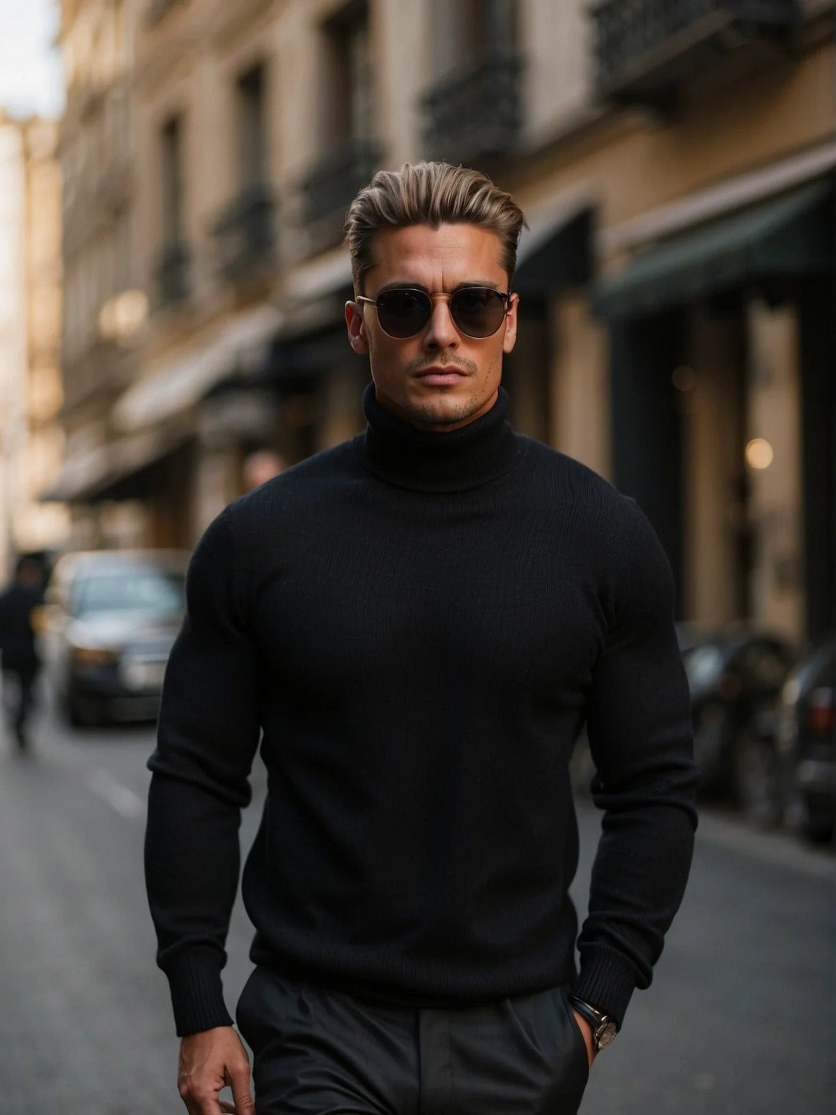 Man wearing a black turtleneck sweater and sunglasses on a city street.