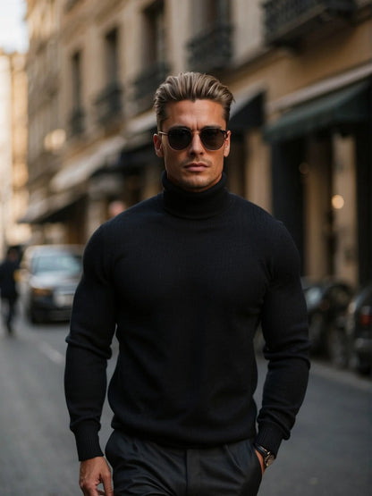 Man wearing a black turtleneck sweater and sunglasses on a city street.