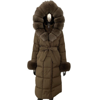 Brown puffer coat with fur trim on a white background