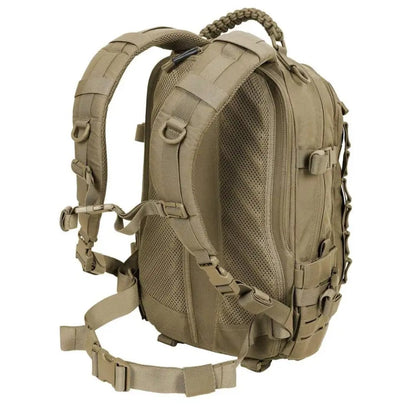 Tan tactical backpack on a white background