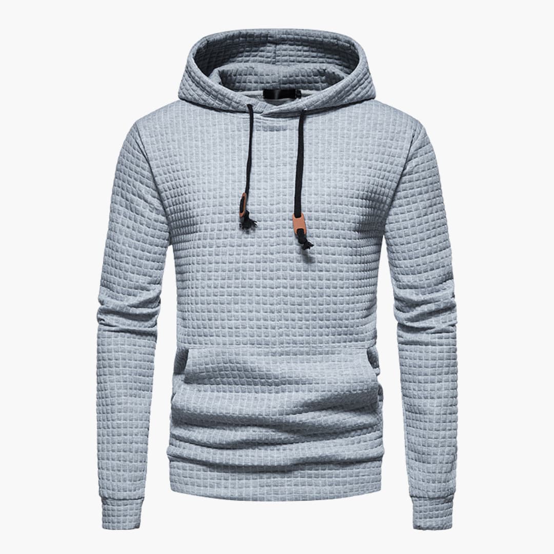 Light blue textured hoodie with a hood on a white background