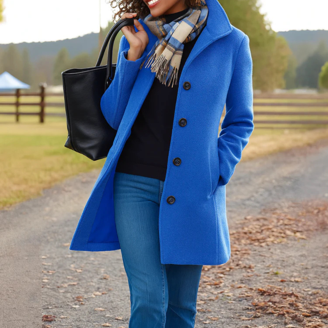 Person wearing a blue coat with a scarf and holding a black bag on a road with trees in the background