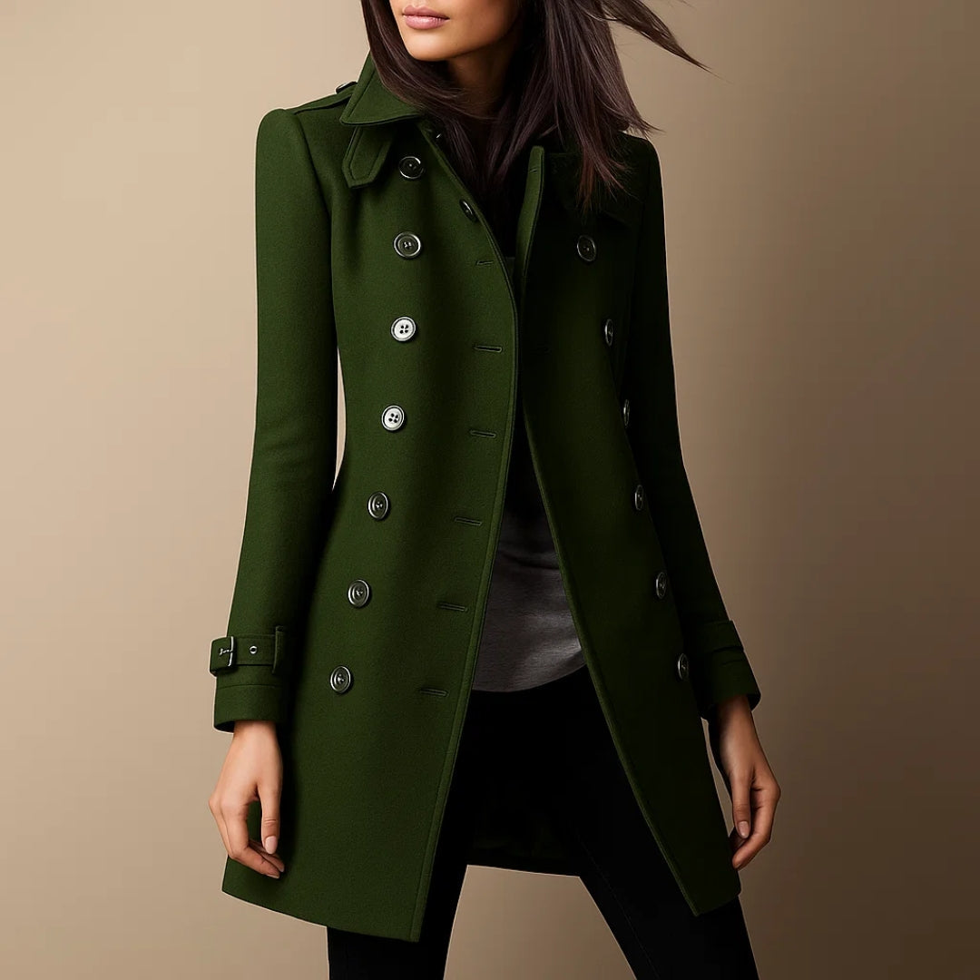 Green coat worn by a person on a beige background