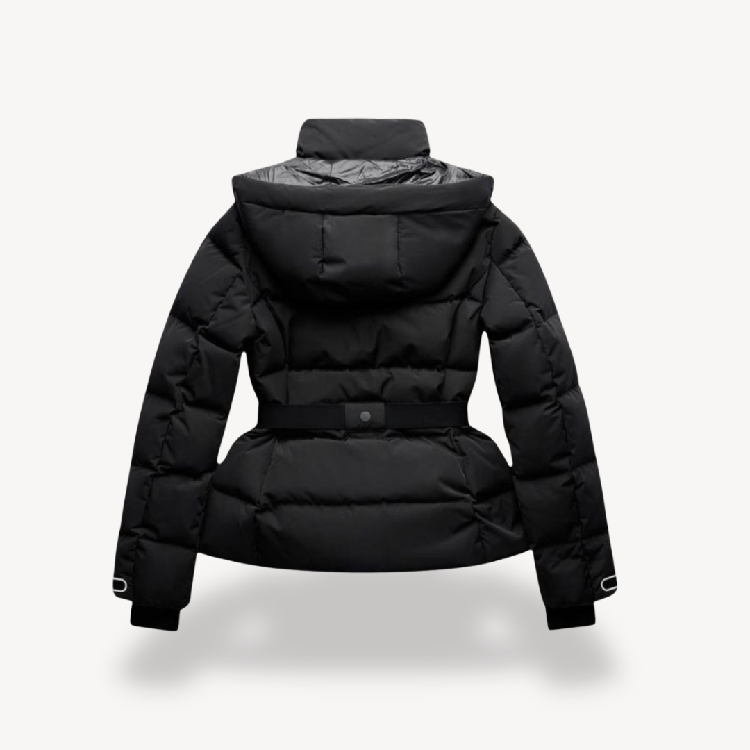 Black puffer jacket on a white background