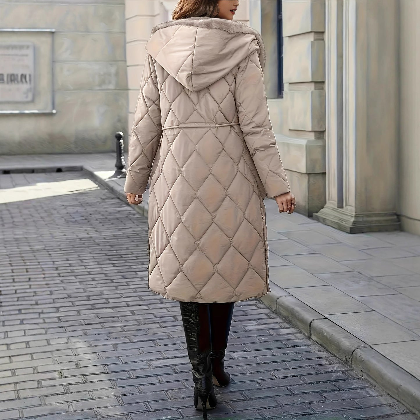 Woman wearing a beige quilted coat walking on a sidewalk.
