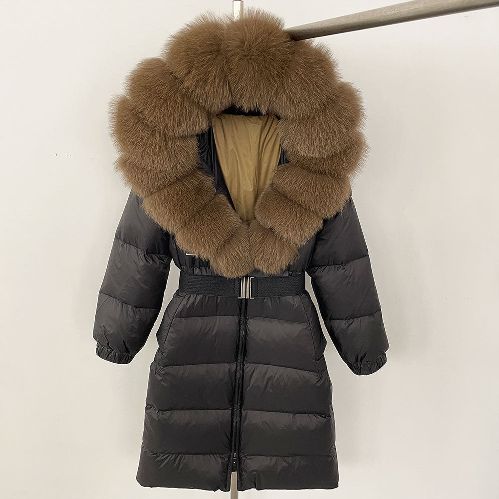 Black puffer coat with brown fur hood on a white background
