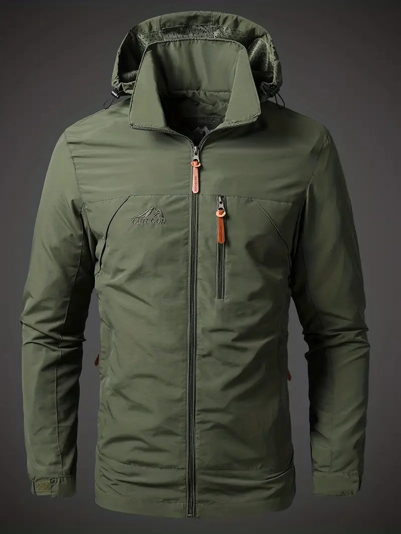 Green jacket with a hood on a dark gray background