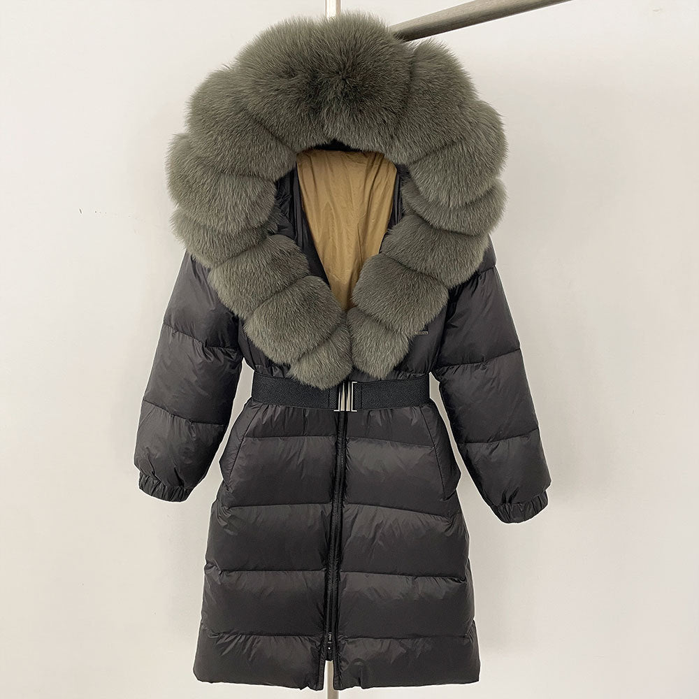 Black puffer coat with large fur hood on a white background