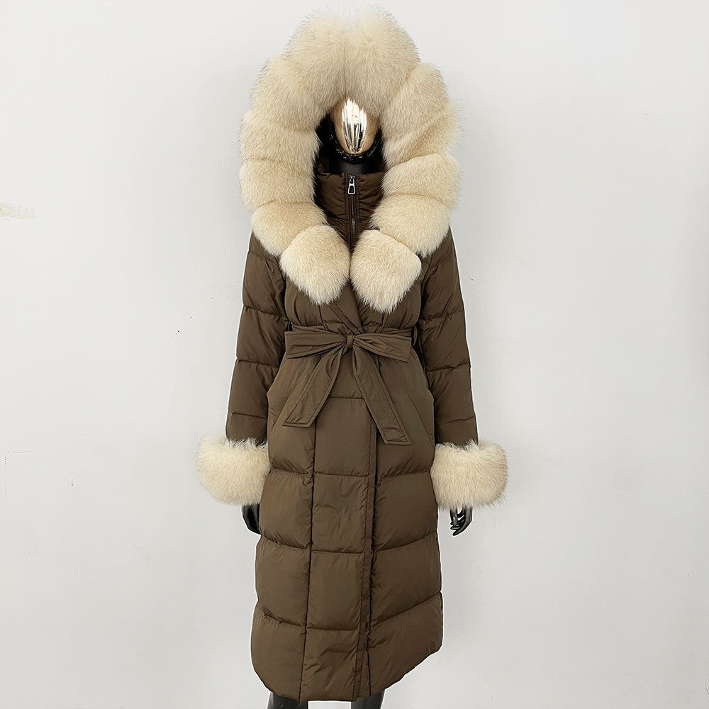 Brown puffer coat with fur trim on a white background
